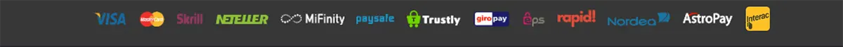 Payment methods banner displaying Visa, Mastercard, Skrill, Neteller, MiFinity, paysafe, Trustly, giropay, eps, Rapid Transfer, Nordea, AstroPay, and Interac logos on a dark background.