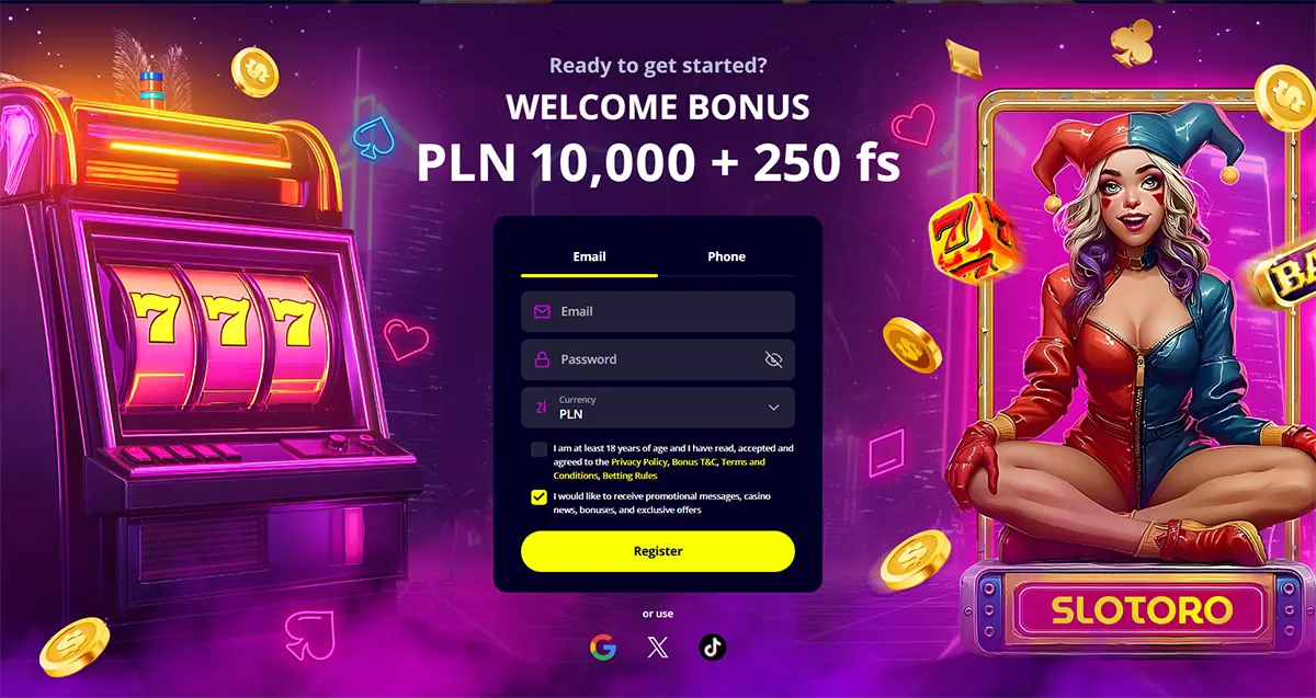 Casino welcome page with a neon slot machine, a jester-style character, and a registration form promoting a welcome bonus of PLN 10,000 plus 250 free spins.