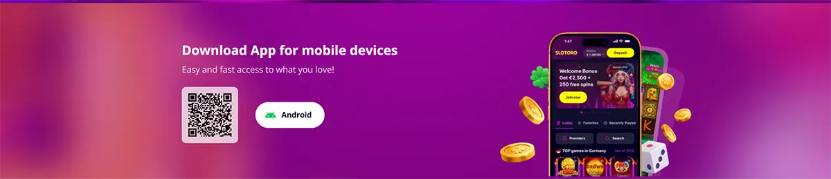 Mobile app download banner with a QR code, Android button, and smartphone mockup promoting easy access on a pink-to-purple gradient background.