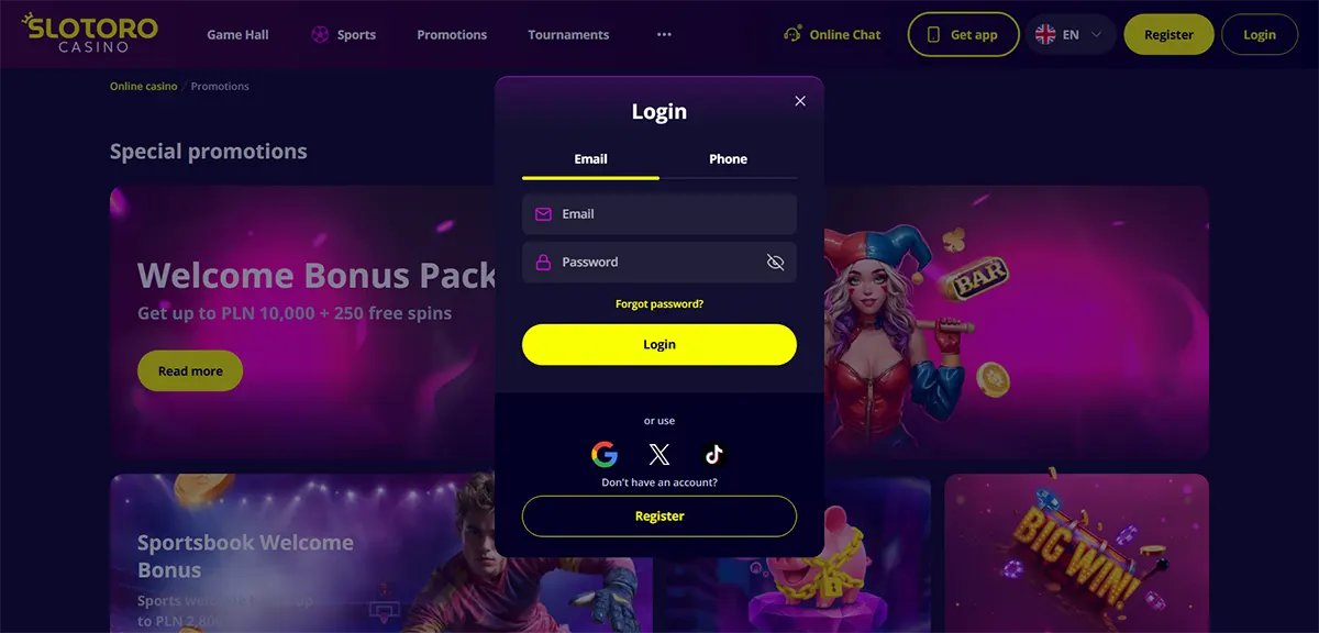 Casino login popup with email and password fields, a bright yellow login button, social sign-in icons, and a blurred promotions background in pink and purple tones.